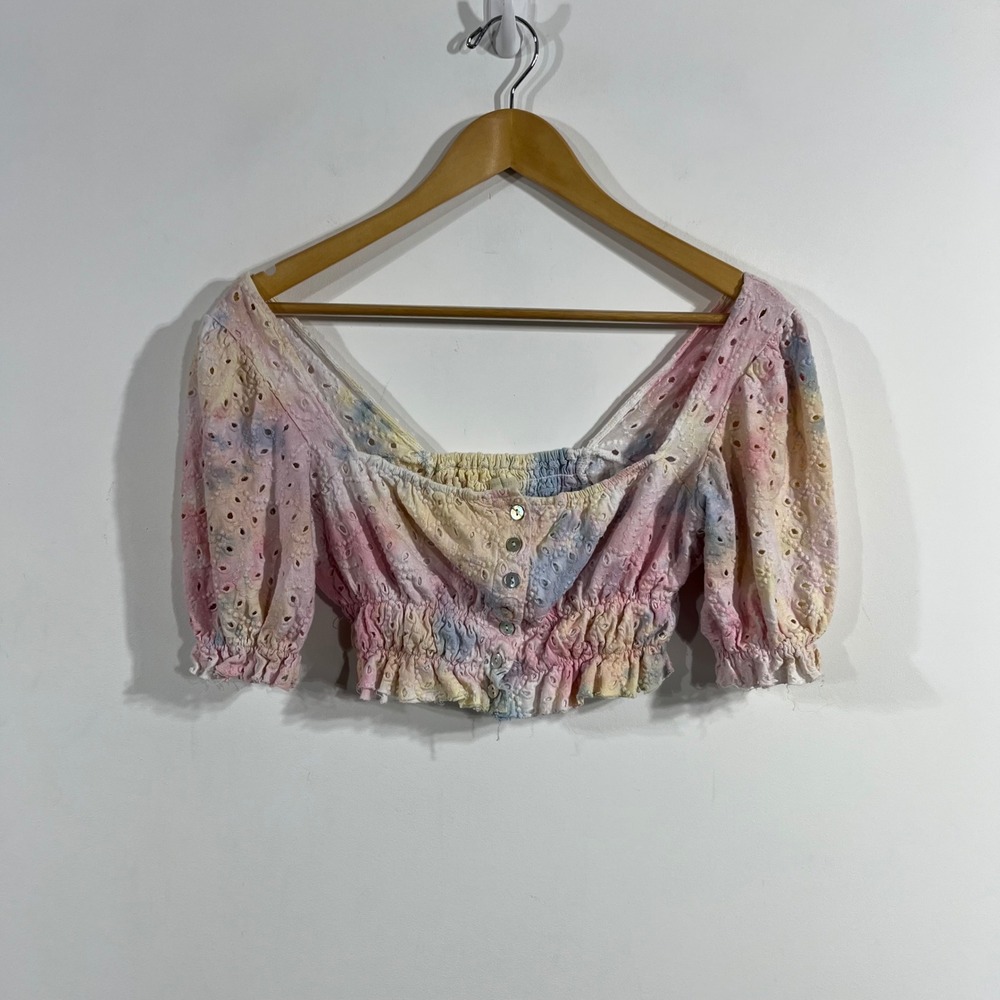 Urban Outfitters Coquette Eyelet Crop Top Pastel Smockedβ Puff Sleeve Small Boho